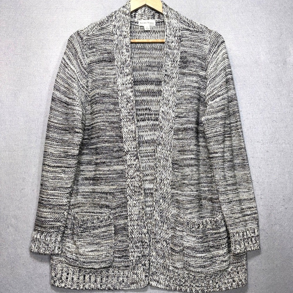 Studio Works Women's 1X Gray Silver Metallic Marled Open Front‎ Cardigan Pockets